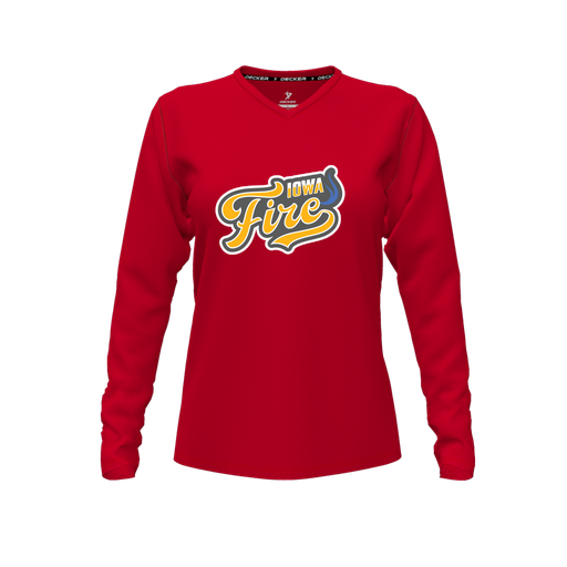 [CUS-DFW-TEES-CMF-VNK-LSL-RED-FYXS-LOGO1] Decker Comfort T-Shirt (Female Youth XS, Red, V Neck, Logo 1, Long Sleeve)